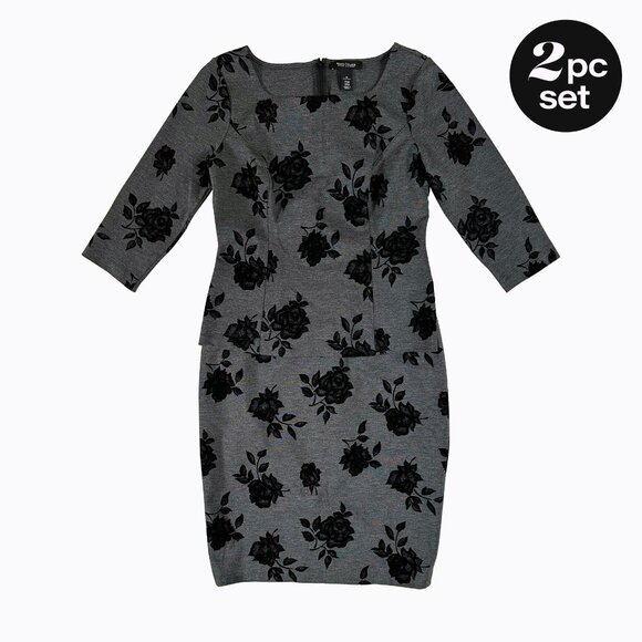 2PC: WHBM Top/Skirt Sz10 Gray Black Velvet 3D Floral Whimsigoth Office Y2K Retro - Picture 1 of 11